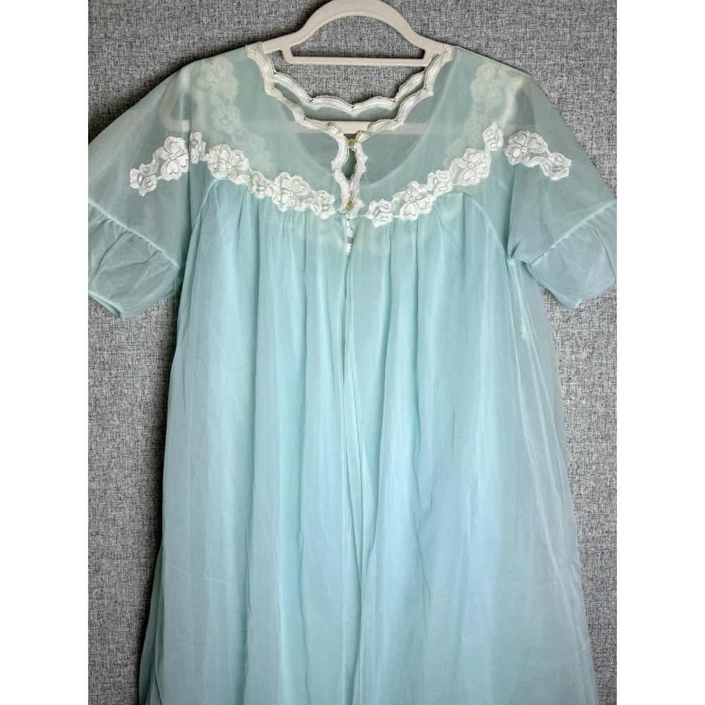 Vintage 60s Sea Foam Blue Green Lace Chiffon Nightgown Nightie Babydoll Robe LG - Picture 2 of 10